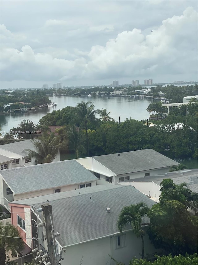 aerial view featuring a water view