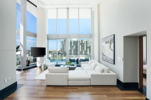 living room featuring hardwood / wood-style flooring, rail lighting, and a healthy amount of sunlight