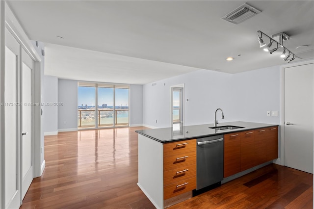 kitchen featuring expansive windows, stainless steel dishwasher, sink, and hardwood / wood-style flooring