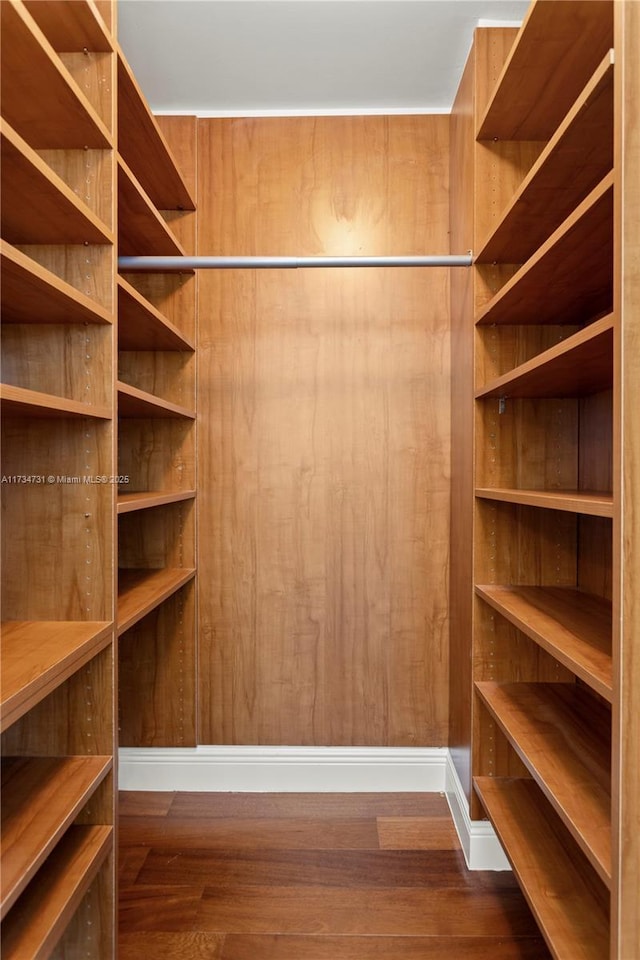 walk in closet with dark wood-type flooring