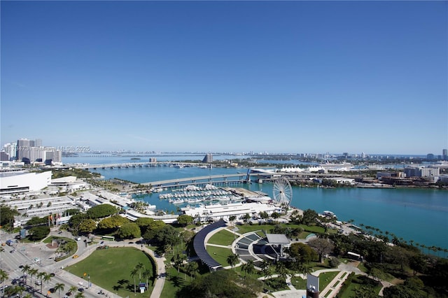 aerial view featuring a water view