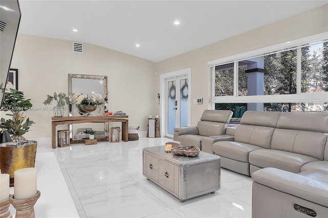 living room with vaulted ceiling