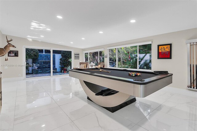 game room featuring pool table, recessed lighting, marble finish floor, and baseboards