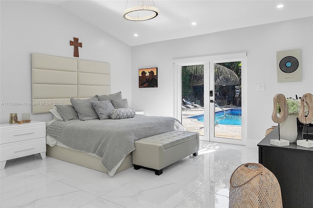 bedroom featuring access to exterior and vaulted ceiling