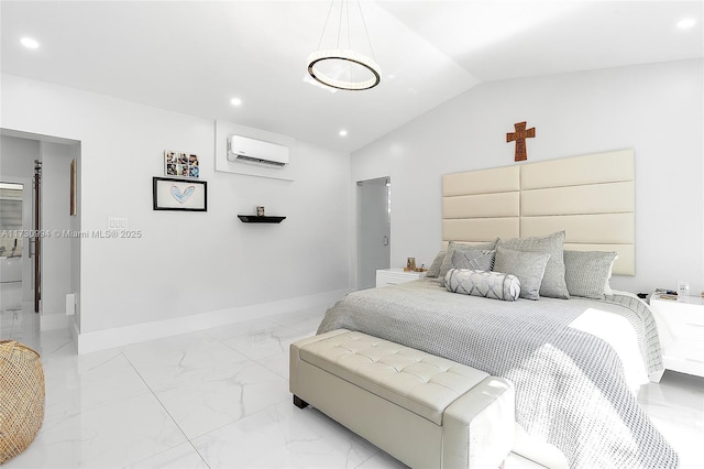 bedroom with marble finish floor, a wall unit AC, recessed lighting, baseboards, and vaulted ceiling