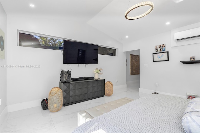 bedroom featuring lofted ceiling and a wall unit AC