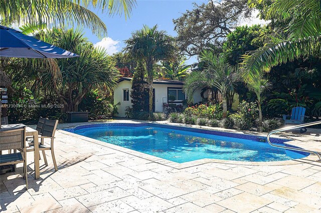 outdoor pool with outdoor dining space and a patio