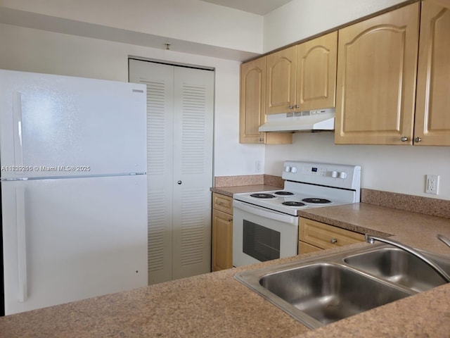 kitchen with sink, light brown cabinetry, and white appliances