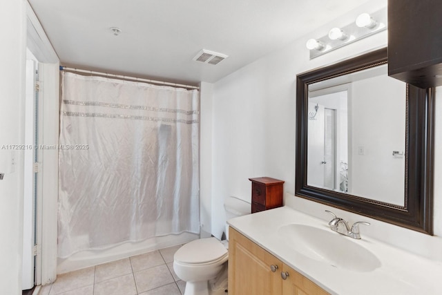 full bathroom featuring shower / tub combo, vanity, toilet, and tile patterned flooring