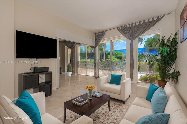 living room featuring light tile patterned floors