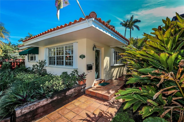 view of exterior entry with a tiled roof and stucco siding