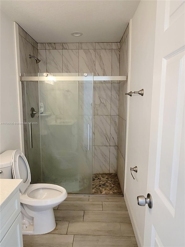 full bathroom featuring toilet, a shower stall, wood tiled floor, and vanity