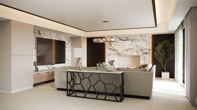 interior space featuring tile patterned flooring, recessed lighting, an accent wall, a fireplace, and baseboards