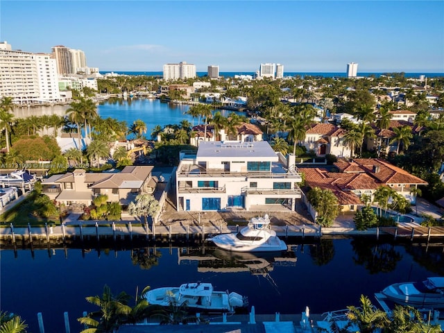 aerial view featuring a water view and a city view