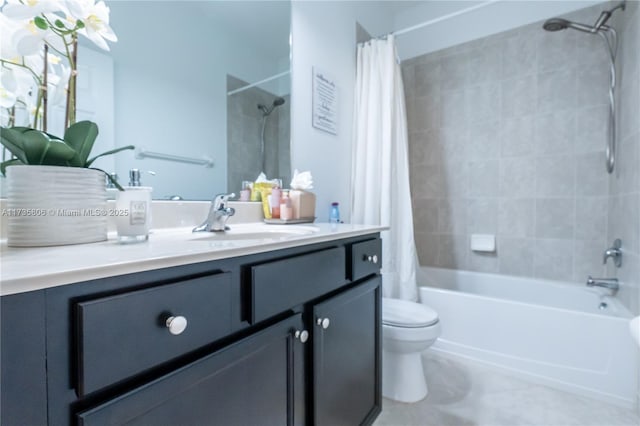 full bathroom with vanity, toilet, tile patterned flooring, and shower / bath combo with shower curtain