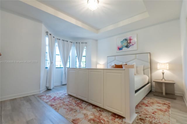 bedroom featuring a raised ceiling and light hardwood / wood-style floors