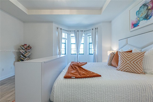 bedroom featuring a raised ceiling and light hardwood / wood-style flooring