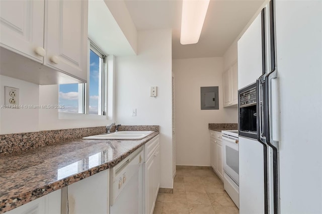 kitchen featuring sink, white appliances, white cabinetry, electric panel, and dark stone counters