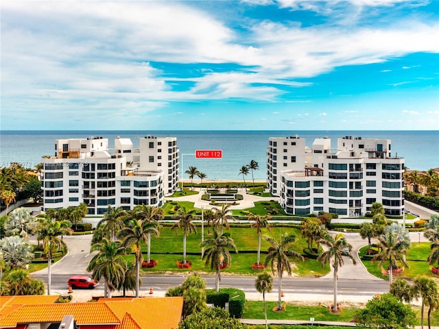 aerial view featuring a water view