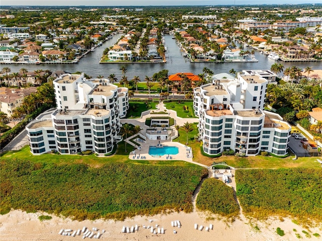 aerial view featuring a water view