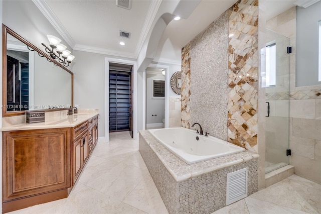 bathroom featuring crown molding, separate shower and tub, and vanity