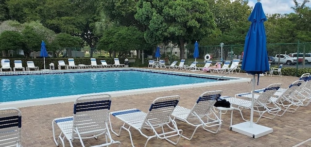 pool featuring a patio and fence