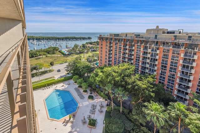 birds eye view of property featuring a water view