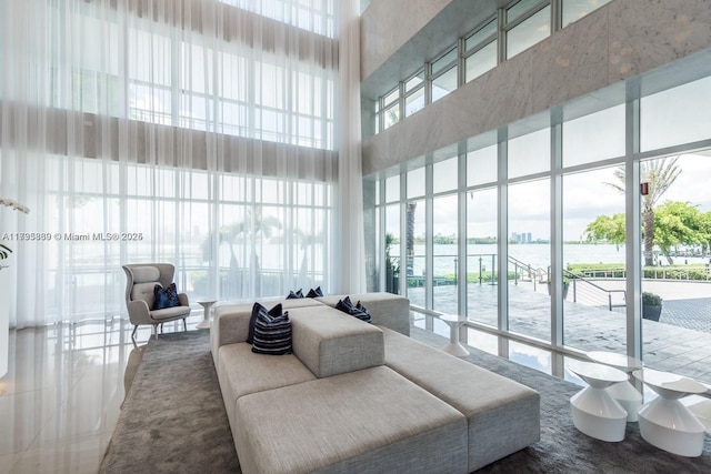 living room with a towering ceiling, a healthy amount of sunlight, and a water view