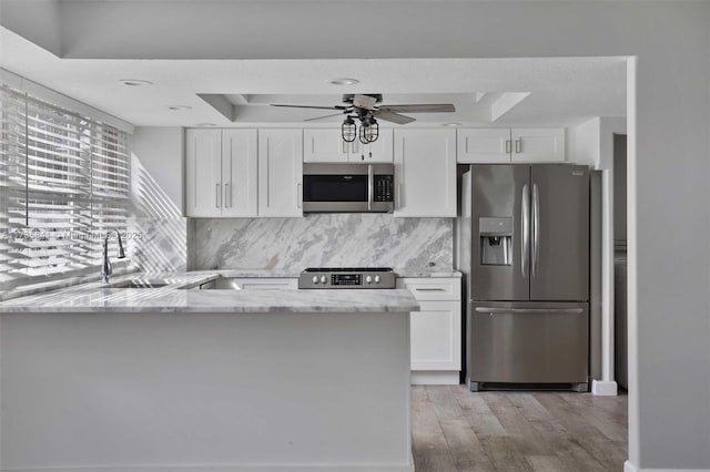 kitchen with appliances with stainless steel finishes, a tray ceiling, white cabinetry, sink, and kitchen peninsula