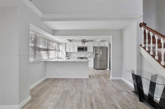 kitchen with white cabinetry, tasteful backsplash, light wood-type flooring, kitchen peninsula, and stainless steel appliances