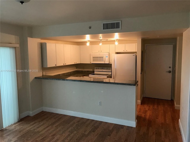 kitchen featuring white cabinetry, white appliances, kitchen peninsula, and dark wood-type flooring