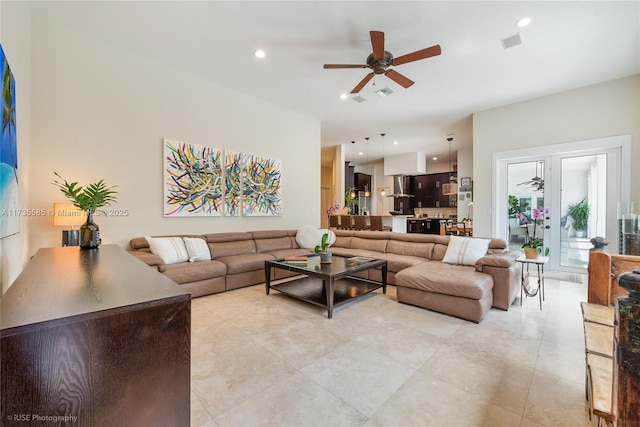 living room with ceiling fan