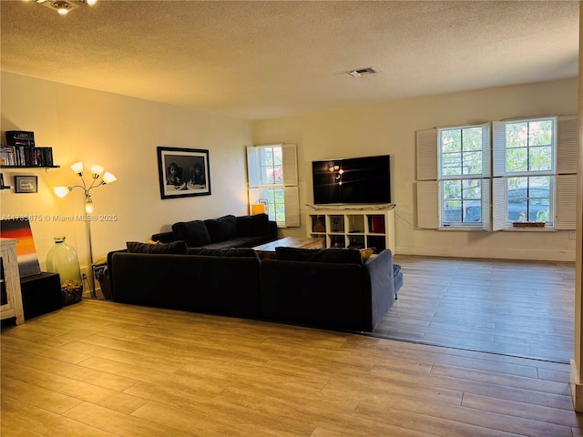 living room with light hardwood / wood-style flooring and a textured ceiling