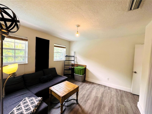 living room with wood-type flooring and a textured ceiling