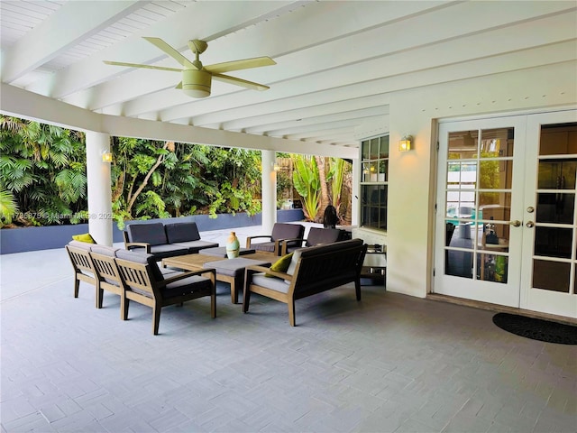 view of patio / terrace with outdoor lounge area, french doors, and ceiling fan