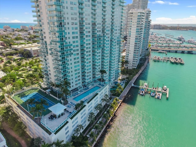 birds eye view of property featuring a water view