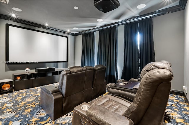 home theater room featuring ornamental molding