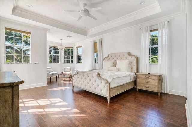 bedroom with multiple windows, a tray ceiling, dark wood-type flooring, and ornamental molding