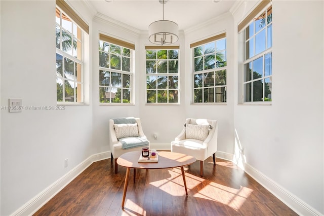 sitting room featuring ornamental molding and dark hardwood / wood-style flooring