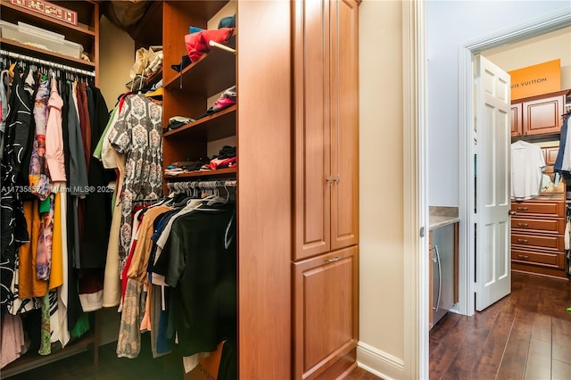 walk in closet with dark hardwood / wood-style flooring