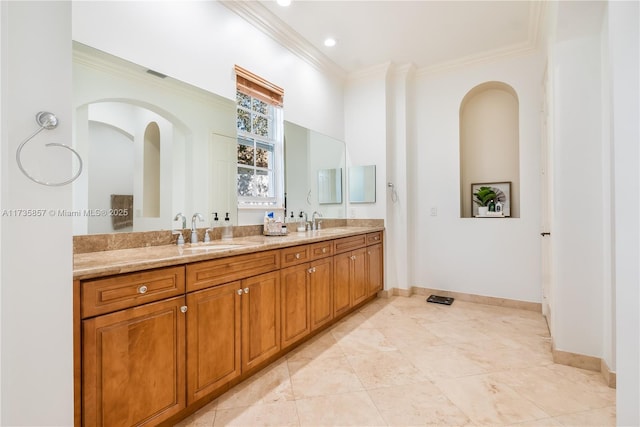 bathroom with vanity, tile patterned floors, and ornamental molding