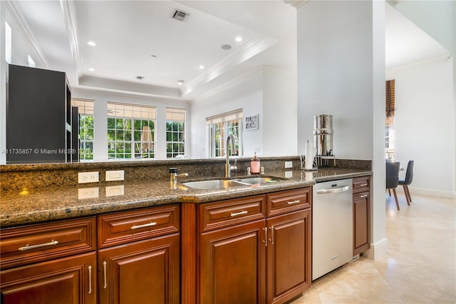 kitchen with dark stone countertops, sink, stainless steel dishwasher, and a raised ceiling