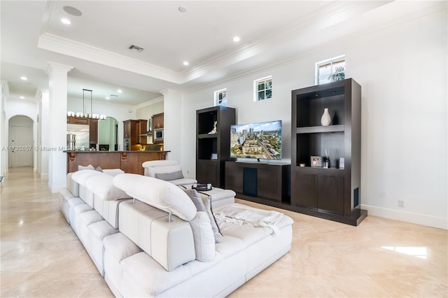 living room with crown molding