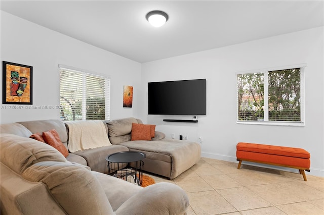 living room with light tile patterned flooring