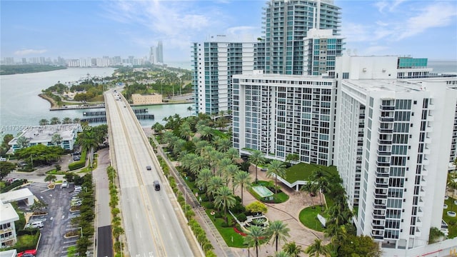 bird's eye view with a water view