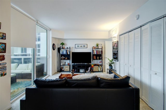 living room with expansive windows and light carpet