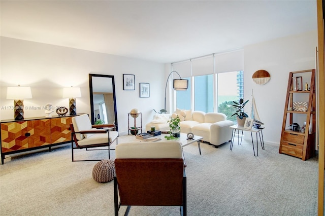 carpeted living room with a wall of windows