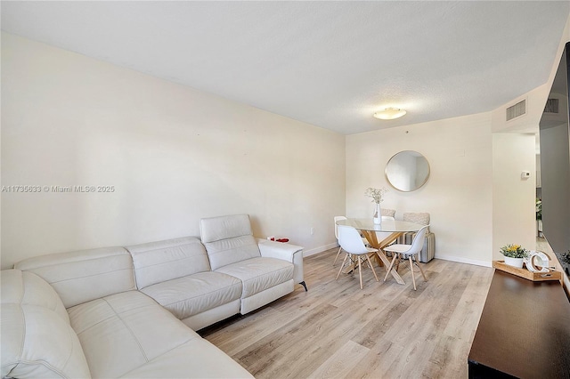 living room with light hardwood / wood-style floors and a textured ceiling