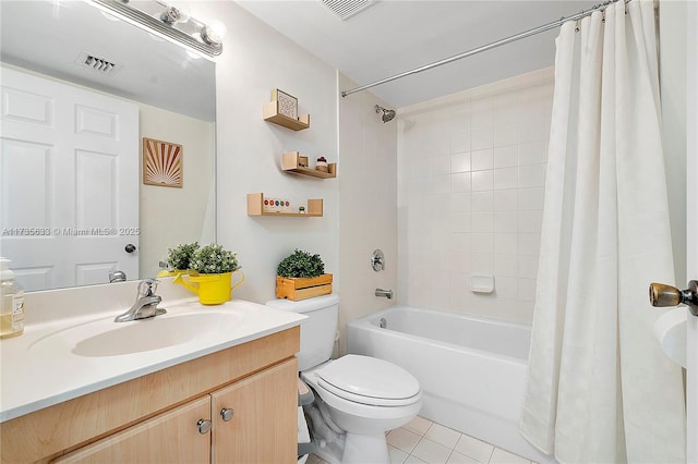 full bathroom featuring tile patterned flooring, vanity, shower / tub combo with curtain, and toilet