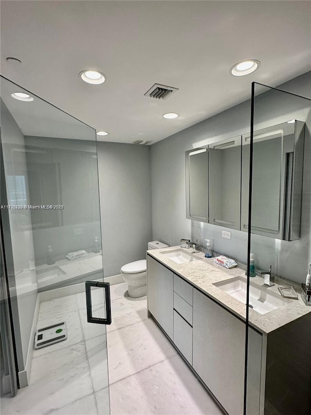 bathroom featuring vanity, a shower, and toilet